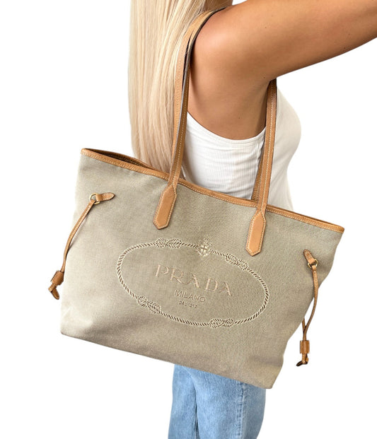 PRADA Vintage Logo Jacquard Shoulder Tote Bag Beige Brown Canvas Leather