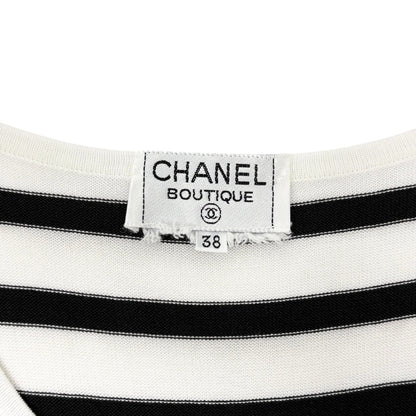 CHANEL Vintage CC Logo Striped Knit Tank Top #38 Black White Cotton 902421