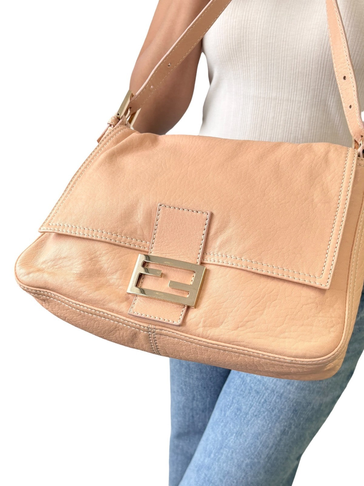 FENDI Vintage FF Logo Mamma Baguette Shoulder Bag Beige Gold Soft Leather