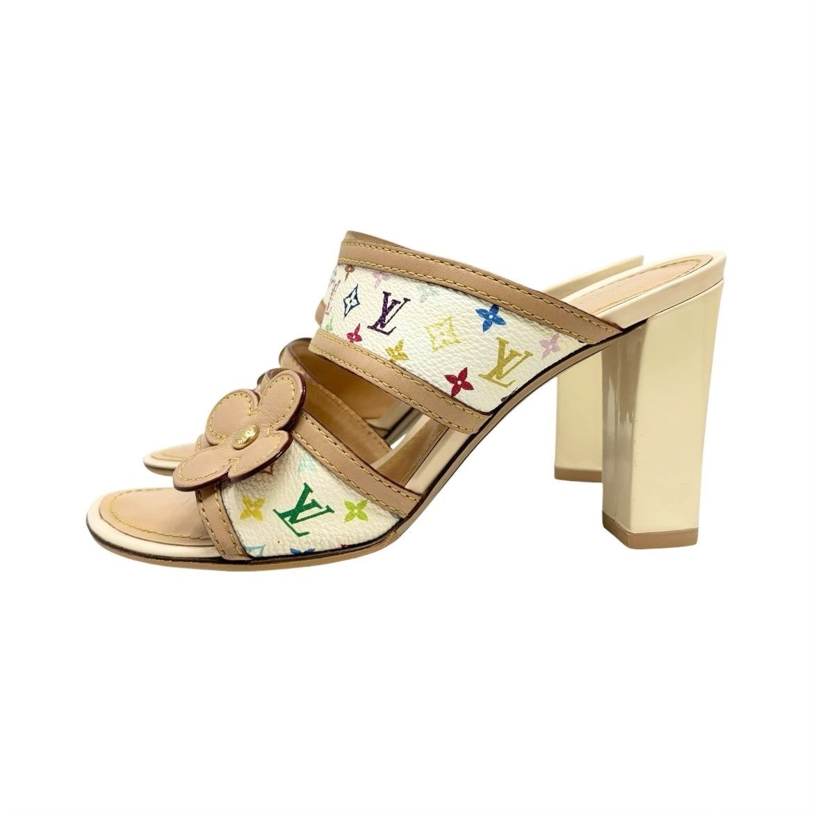 LOUIS VUITTON Vintage Monogram Multicolor Flower Sandals Heels #37 White 902030