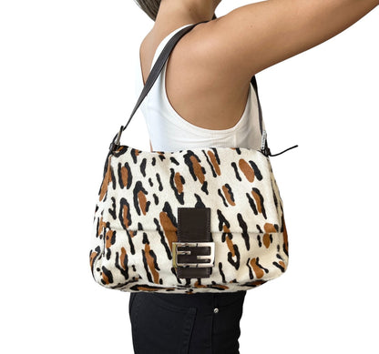 FENDI Vintage FF Leopard Mamma Baguette Bag Pony Calf Hair Ivory Brown 902818