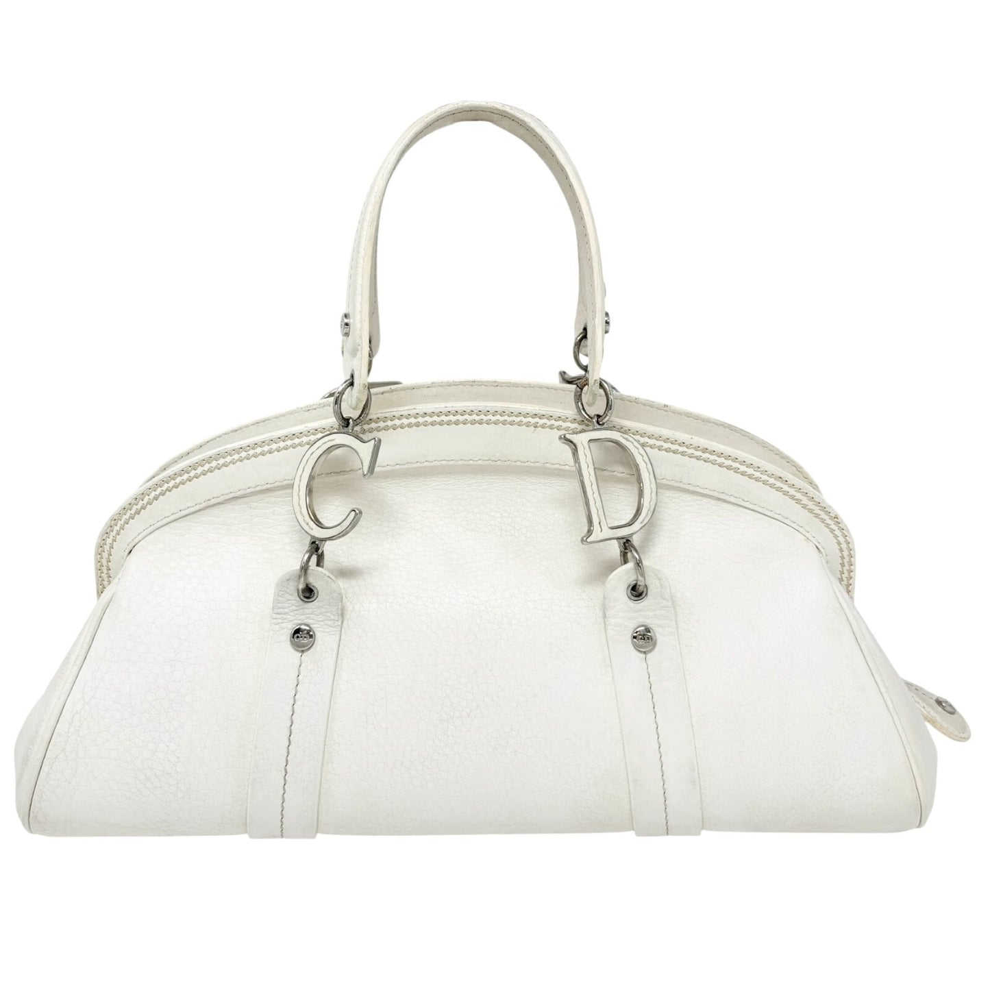 Christian Dior Vintage 2005 CD Logo Stitch Handbag White Silver Leather Rank AB