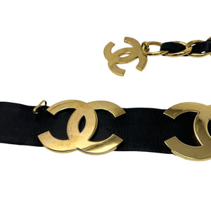 CHANEL Vintage 93P Runway Big CC Logo Belt Dangle Black Gold Leather Rank AB