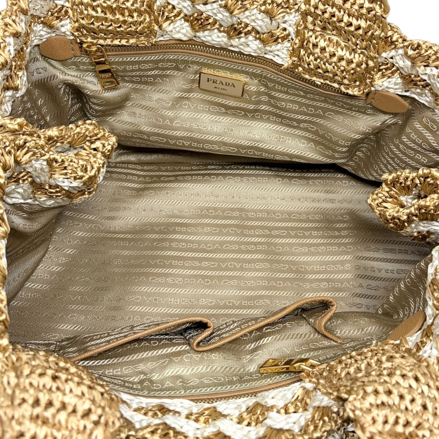 PRADA Vintage Triangle Logo Raffia Canapa Tote Bag Beige White Crochet