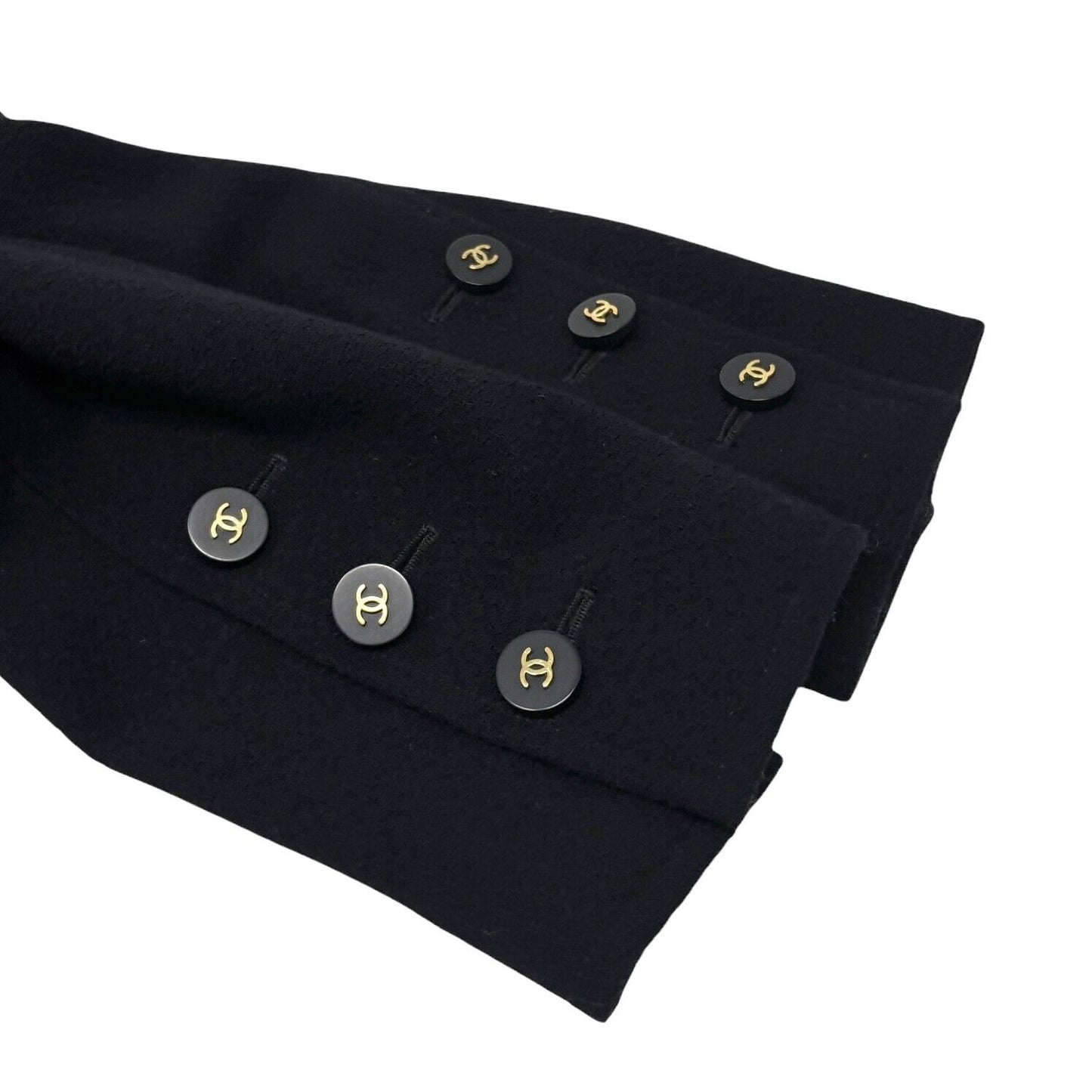 CHANEL Vintage CC Logo Button Long Jacket Top Black Gold Wool Pocket Collar