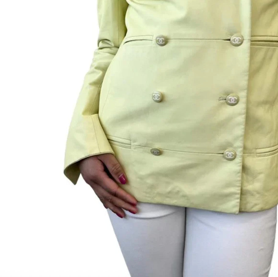 CHANEL Vintage 04C CC Mark Button Leather Jacket #36 Lambskin Lime Yellow