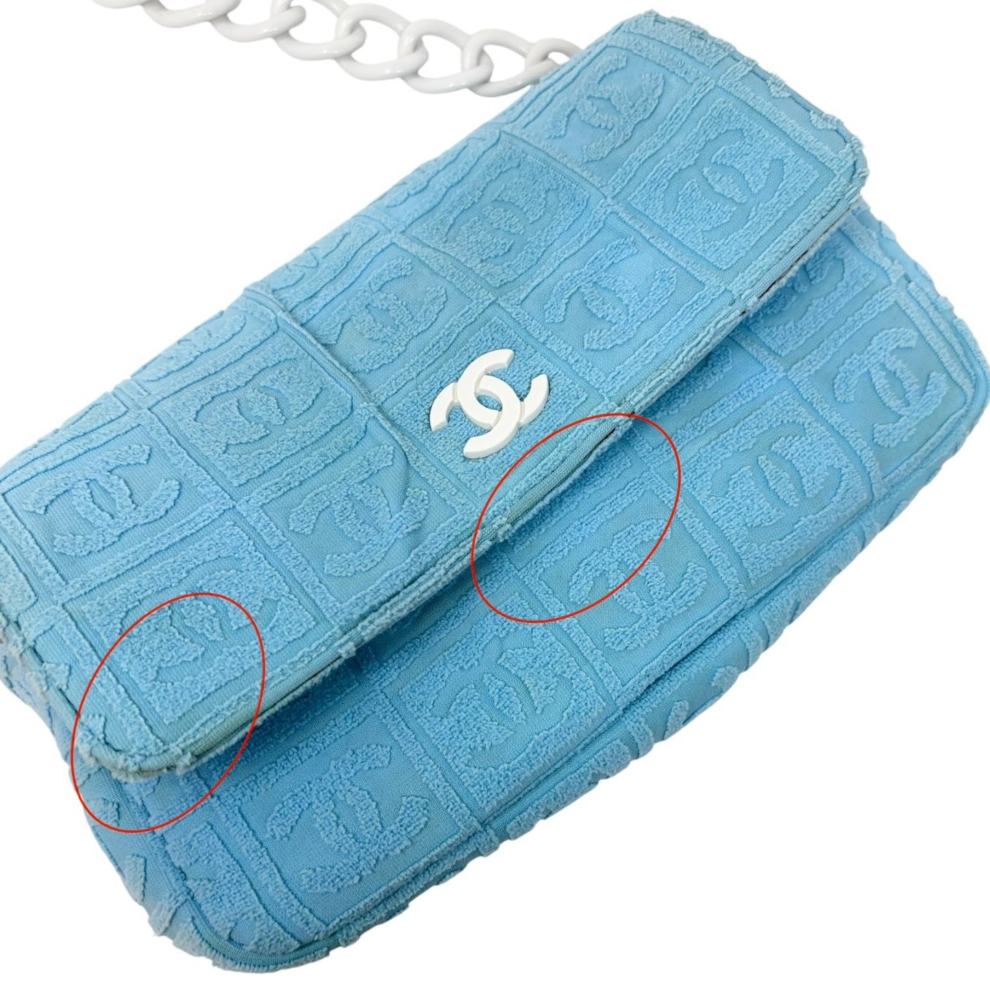 CHANEL Vintage CC Logo Terry Cloth Chain Shoulder Bag Blue White 901828