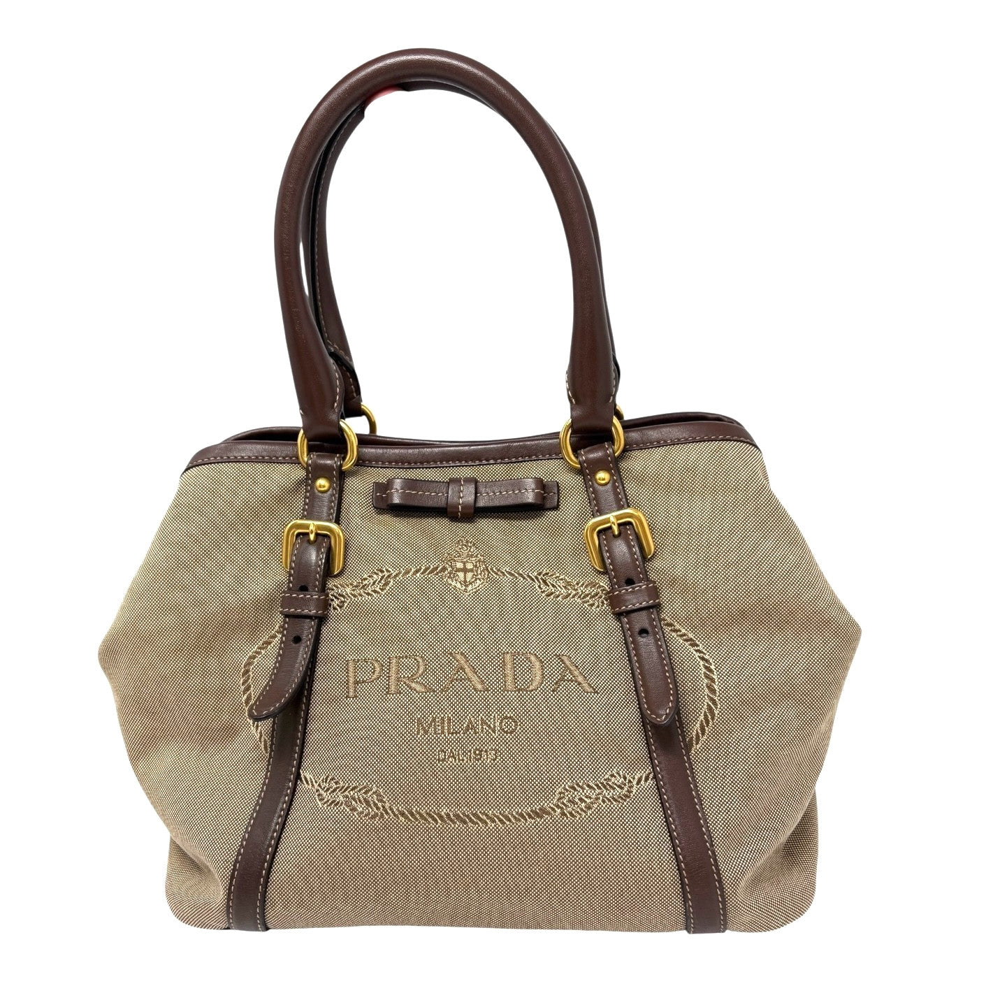 PRADA Vintage Triangle Logo Jacquard Canvas Tote Bag Handbag Khaki Dark Brown