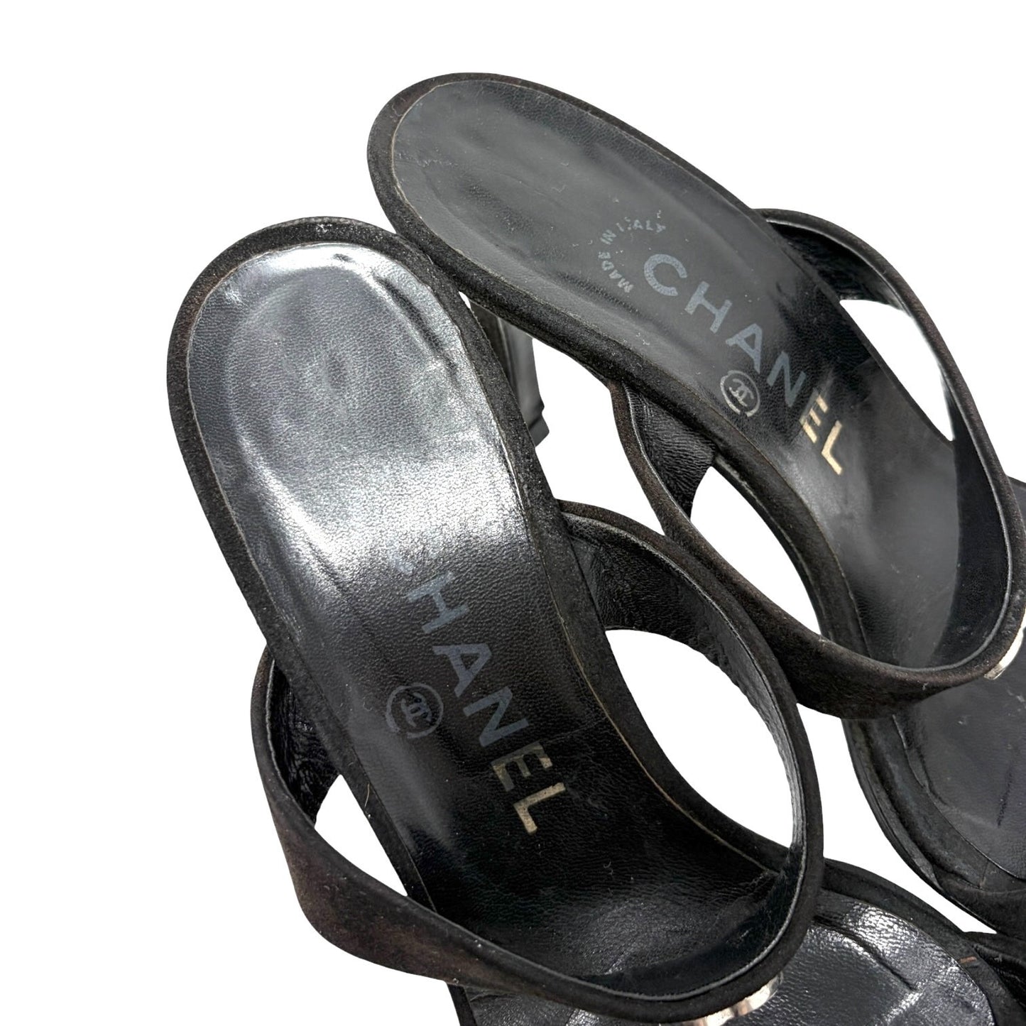 CHANEL Vintage CC Logo Slide Sandals Heels #36.5 Black Silver Suede 901840