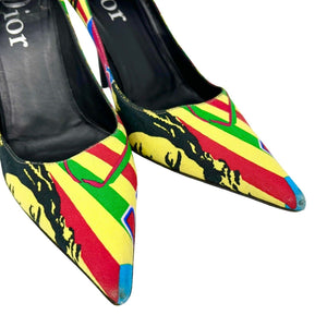 Dior Vintage 2004 Rasta Mania Pumps Heels #39.5 US 9.5 Multicolor Cotton Rank AB