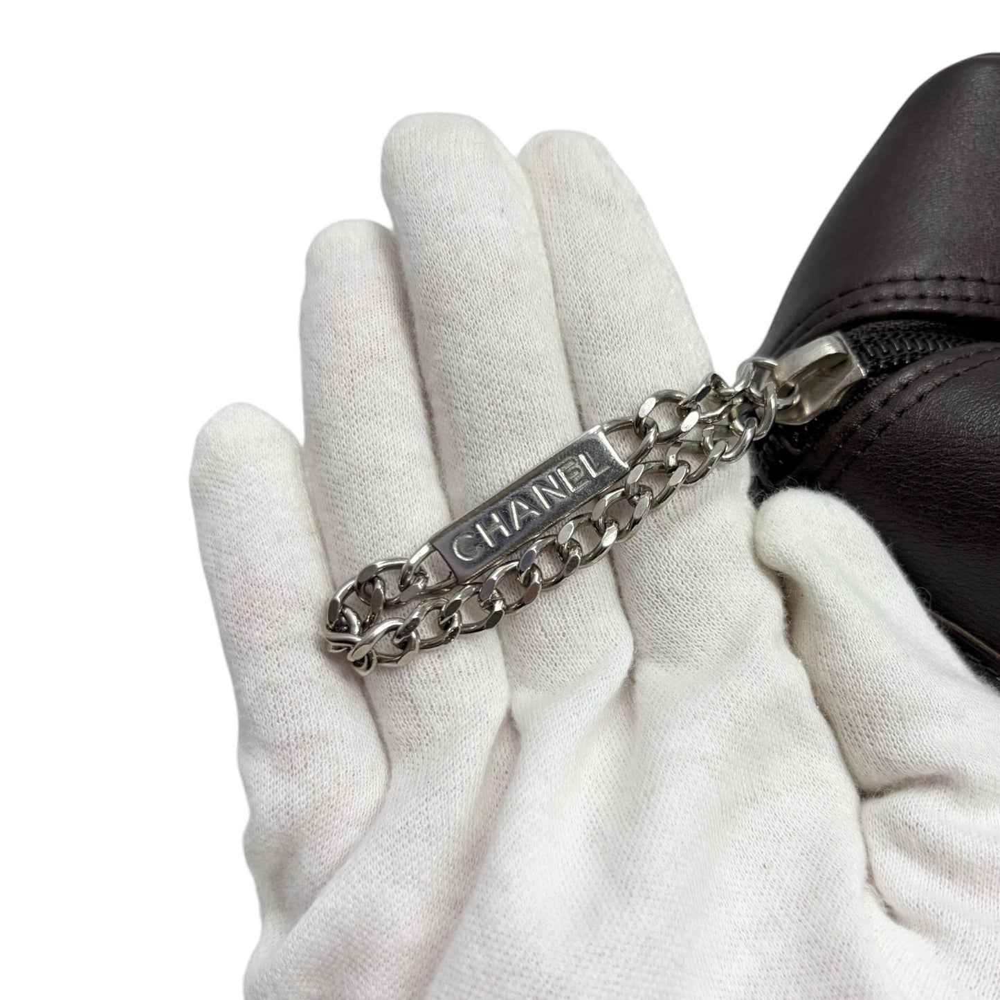 CHANEL Vintage Cambon Line CC Logo Quilted Shoulder Bag Brown Silver Leather