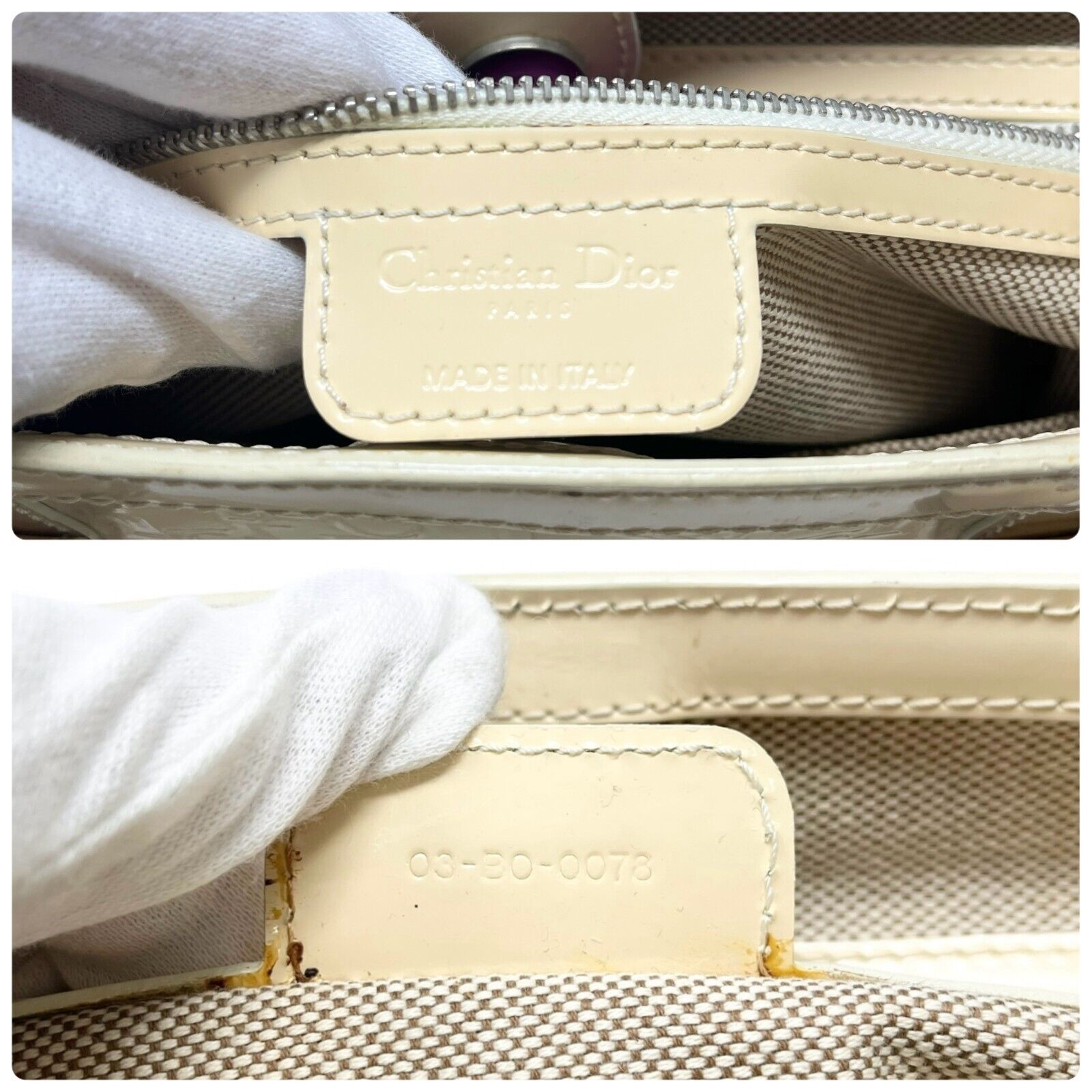 Christian Dior Vintage 2008 Trotter Monogram Tote Bag Cream Patent Leather