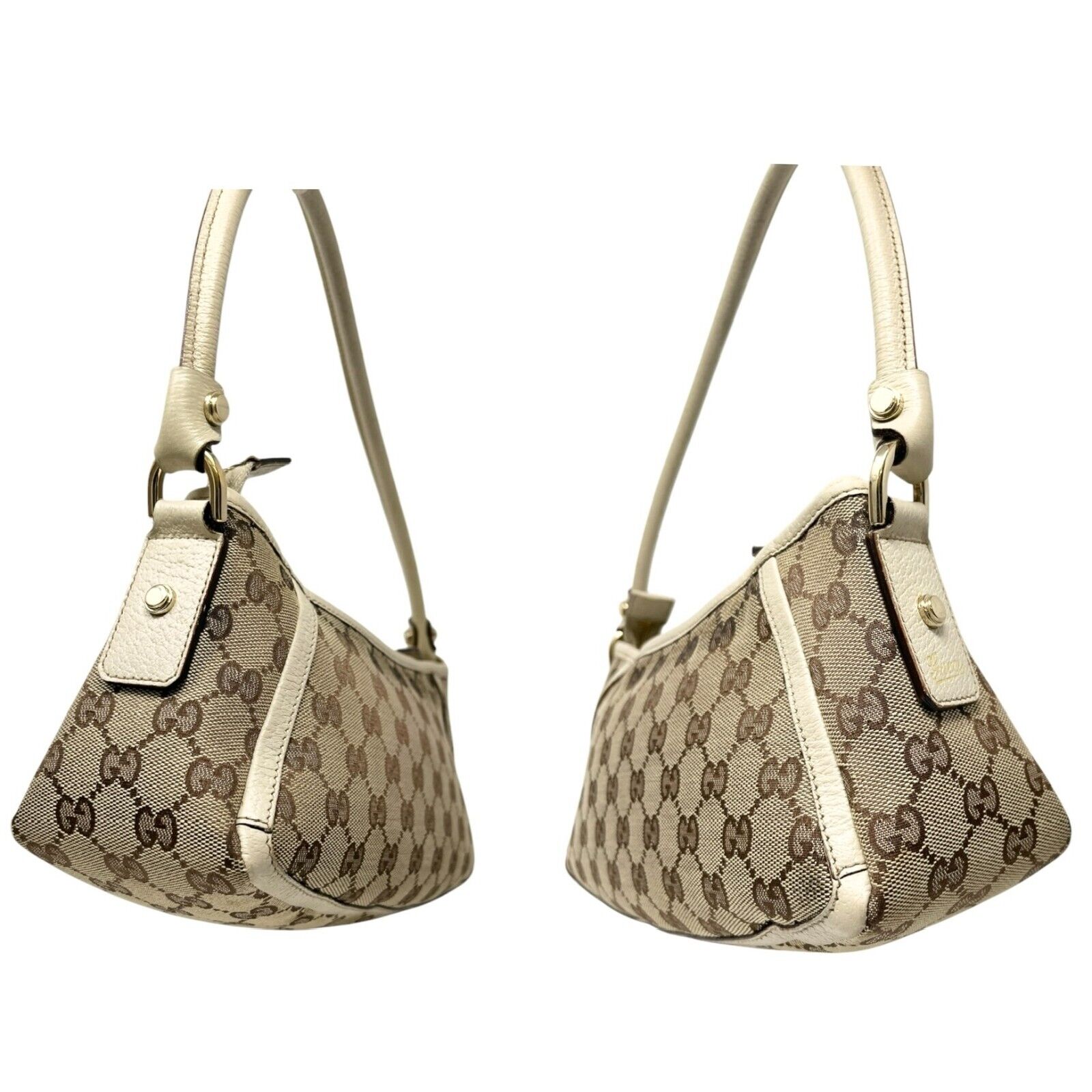 GUCCI Vintage GG Monogram Logo Shoulder Bag Zip Beige Silver Canvas Pochette