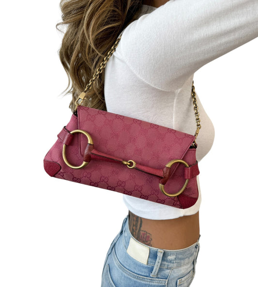 GUCCI Vintage GG Monogram Horsebit Chain Shoulder Bag Pochette Pink 901801