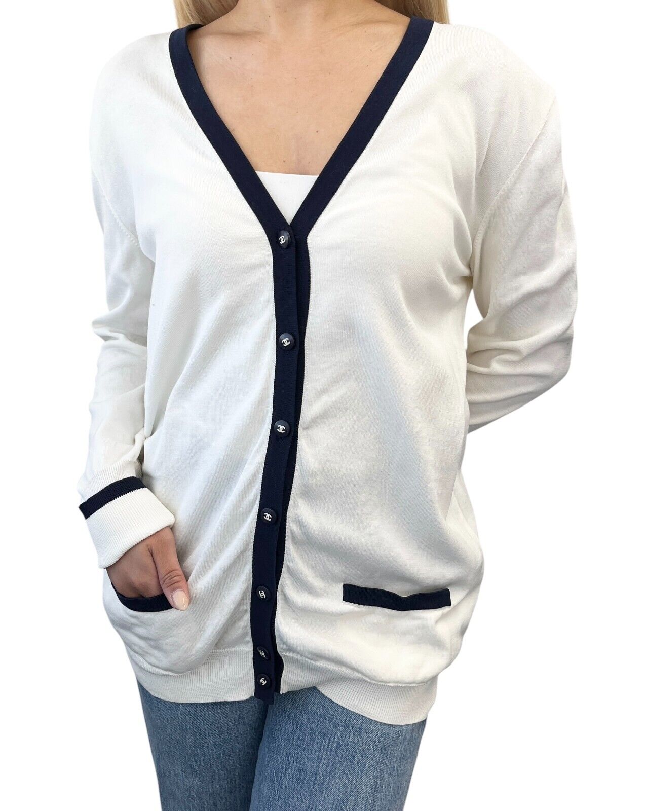 CHANEL Vintage 96P CC Logo Button Cardigan Knit Top #44 White Blue Cotton