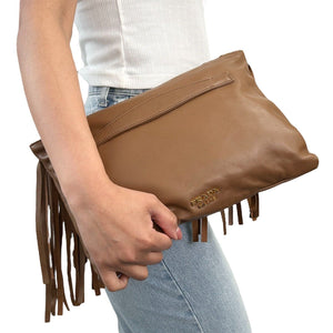 PRADA Vintage Logo Fringe Clutch Mini Bag Brown Gold Leather Zip Rank AB