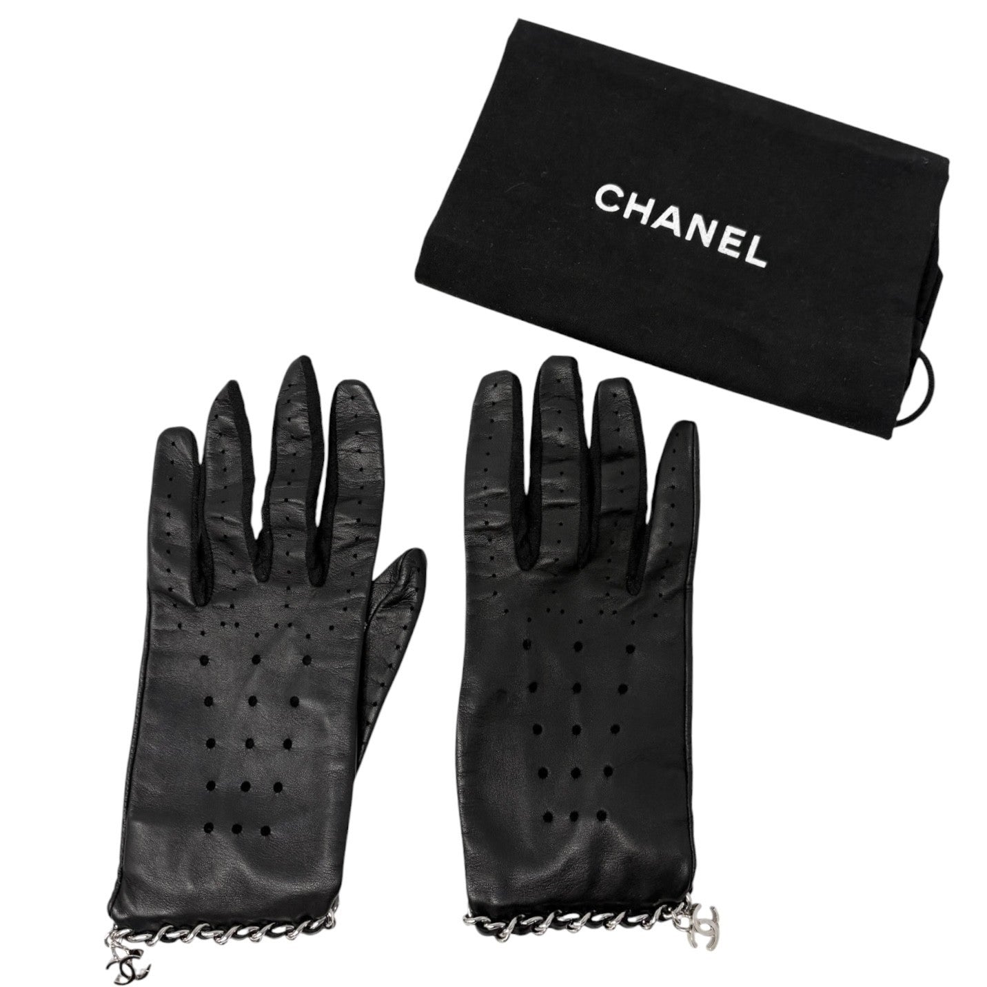 CHANEL Vintage CC Logo Chain Leather Perforated Gloves #7.5 Black Silver 901842