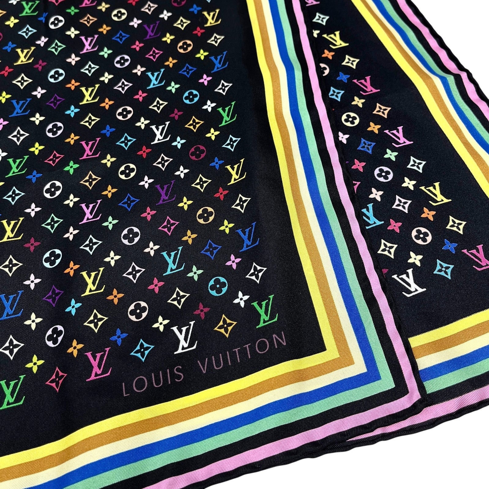 LOUIS VUITTON Vintage LV Logo Monogram Multicolor Scarf Wrap Top Black Silk