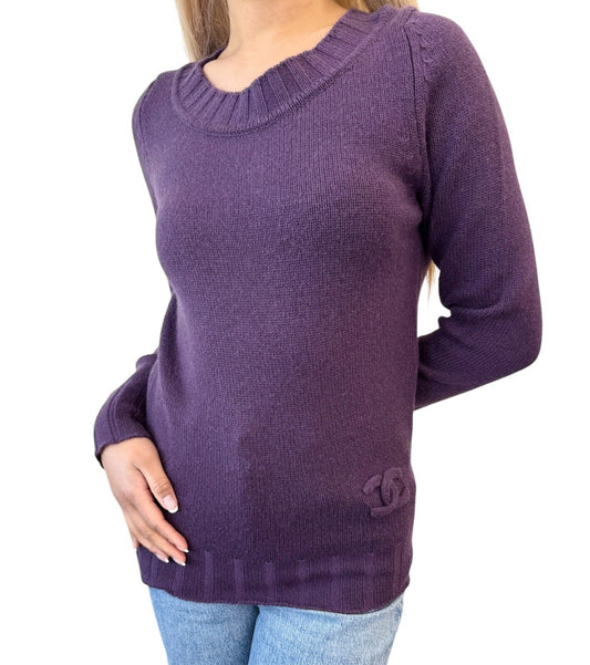 CHANEL Vintage P44576 CC Logo Sweater Top #34 Pullover Purple Cashmere