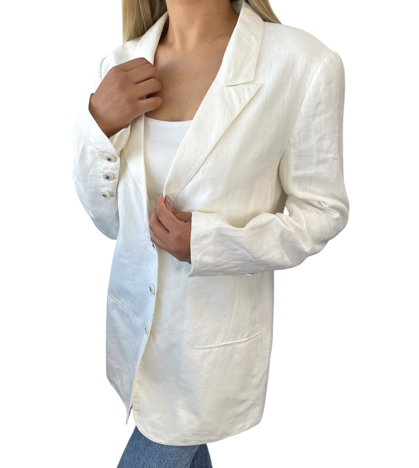CHANEL Vintage 96P CC Mark Logo Jacket Silver Button #38 White Linen Silk