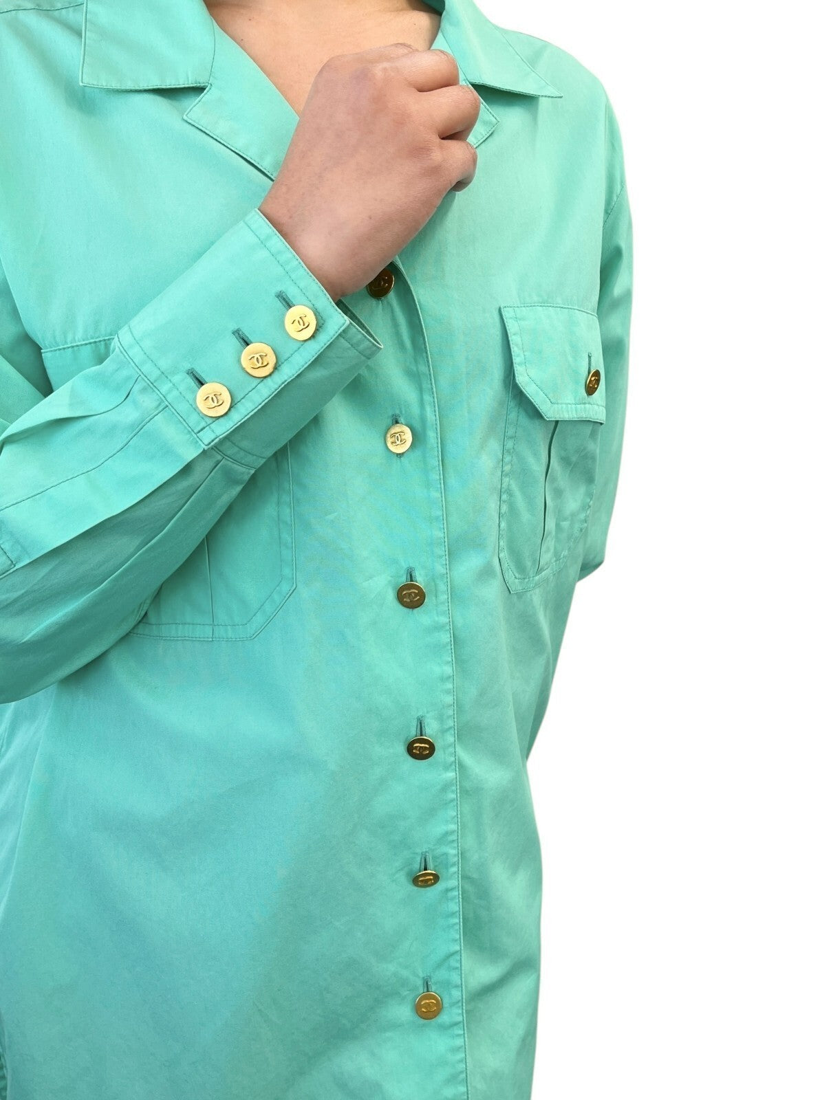 CHANEL Vintage P04883 CC Logo Shirt Top #44 Button Up Light Green Gold Cotton