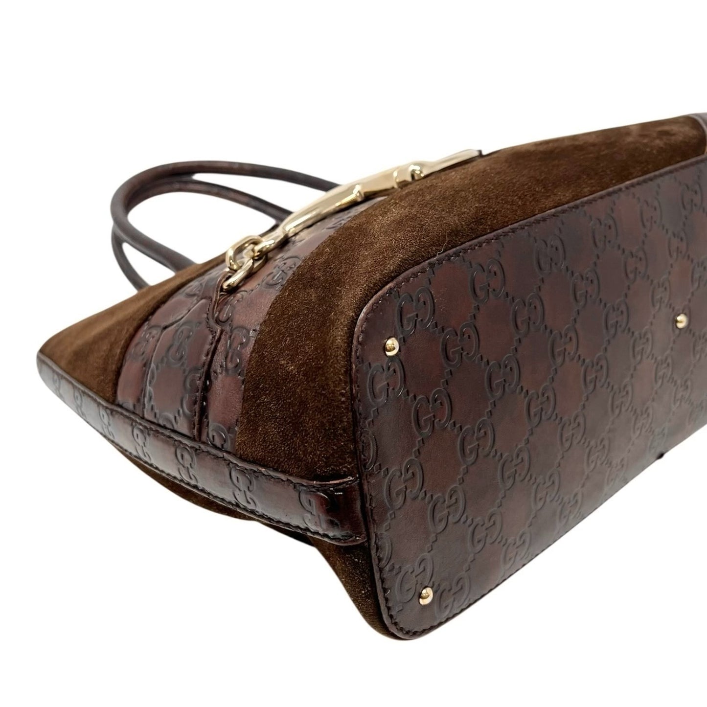 GUCCI Vintage GG Monogram Horsebit Suede Shoulder Bag Tote Brown Gold Leather