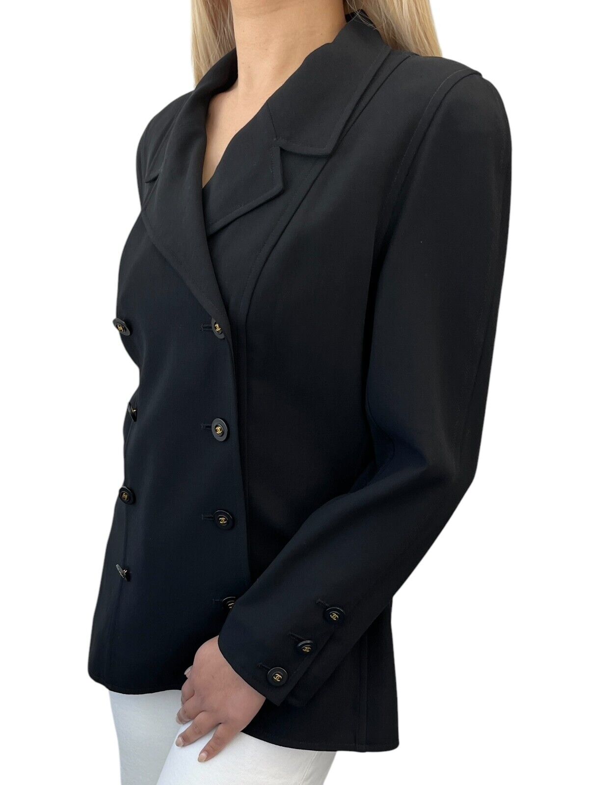 CHANEL Vintage 94P CC Logo Long Sleeve Jacket #40 Black Gold Wool Button