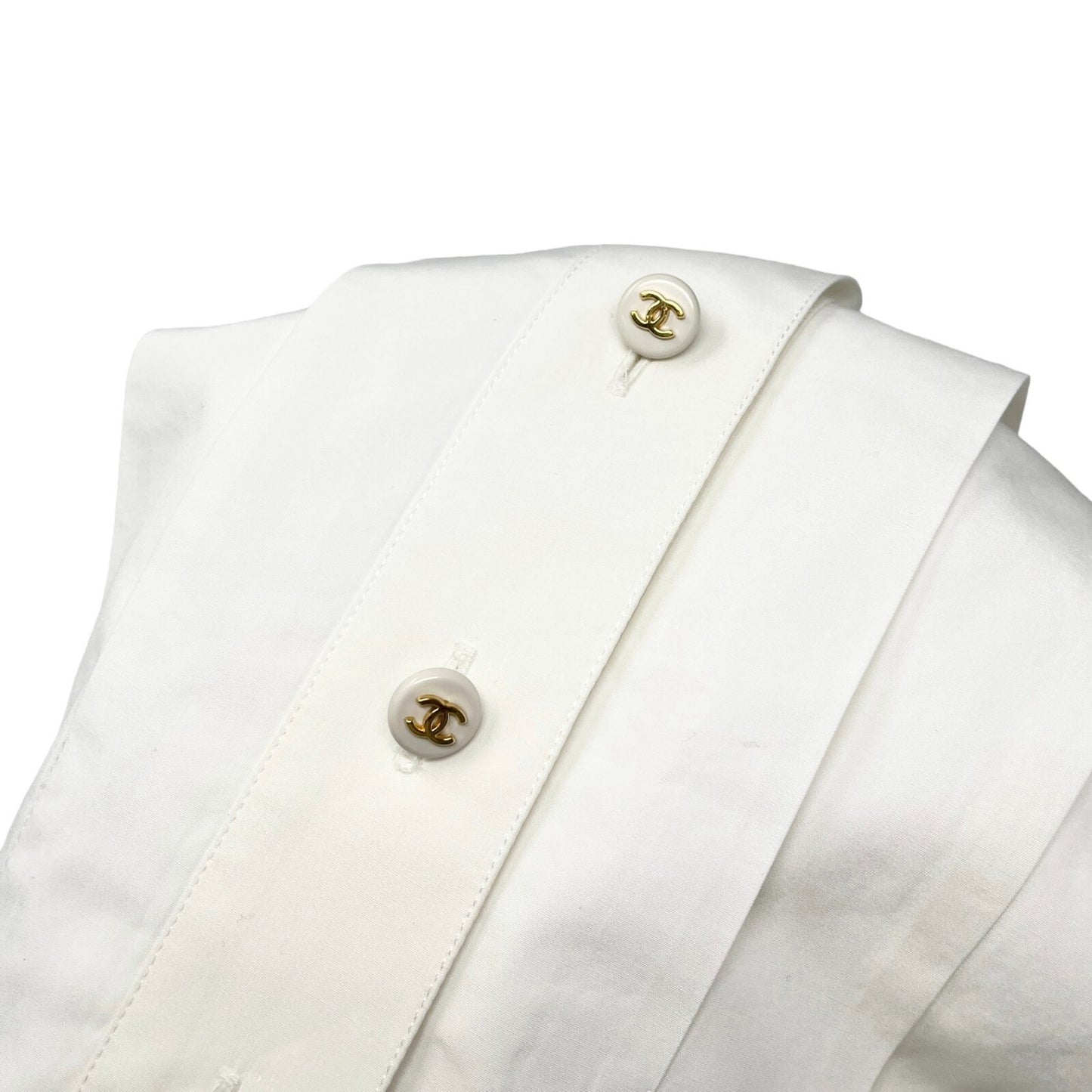 CHANEL Vintage CC Mark Button Cropped Shirt Top White Gold Cotton Rank AB+