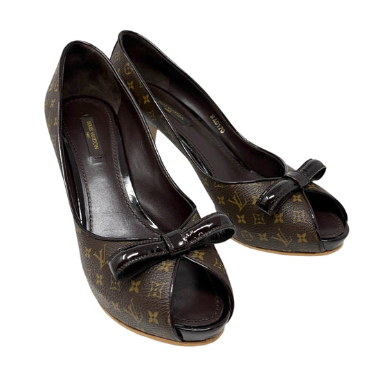 LOUIS VUITTON Vintage Monogram Ribbon Sandals Heels #37.5 Brown Leather 902013