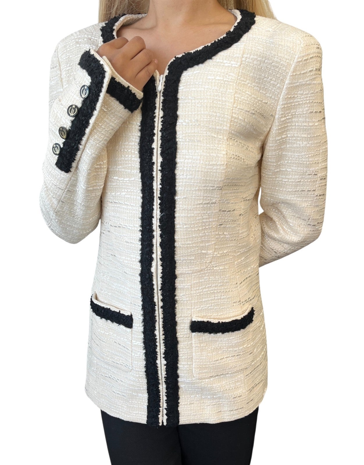 CHANEL Vintage 02P CC Logo Tweed Jacket #38 Cream Black Long Sleeve Zip Button