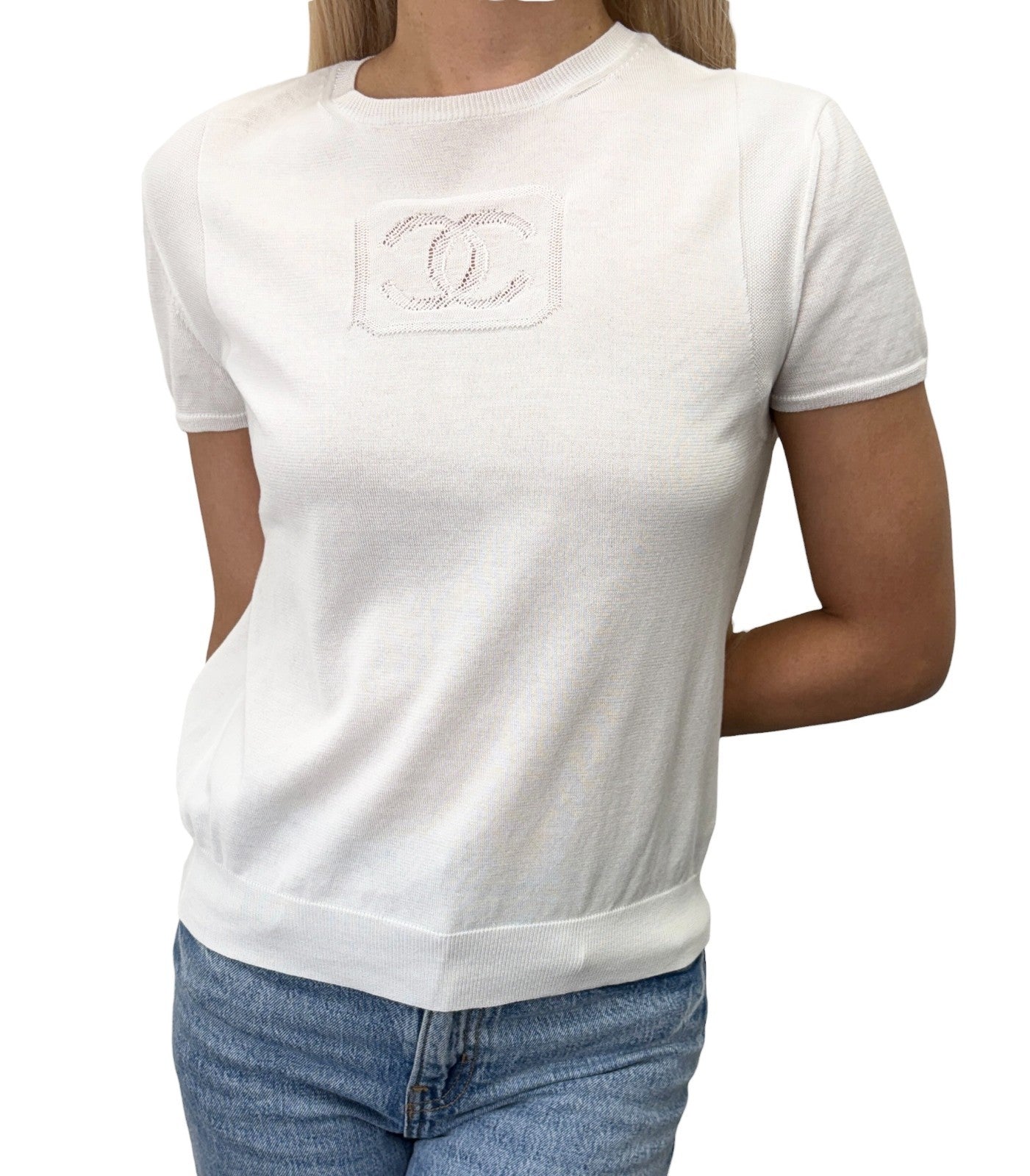 CHANEL Vintage 03P CC Logo Mesh Knit T-shirt Top #38 White Cotton 902422