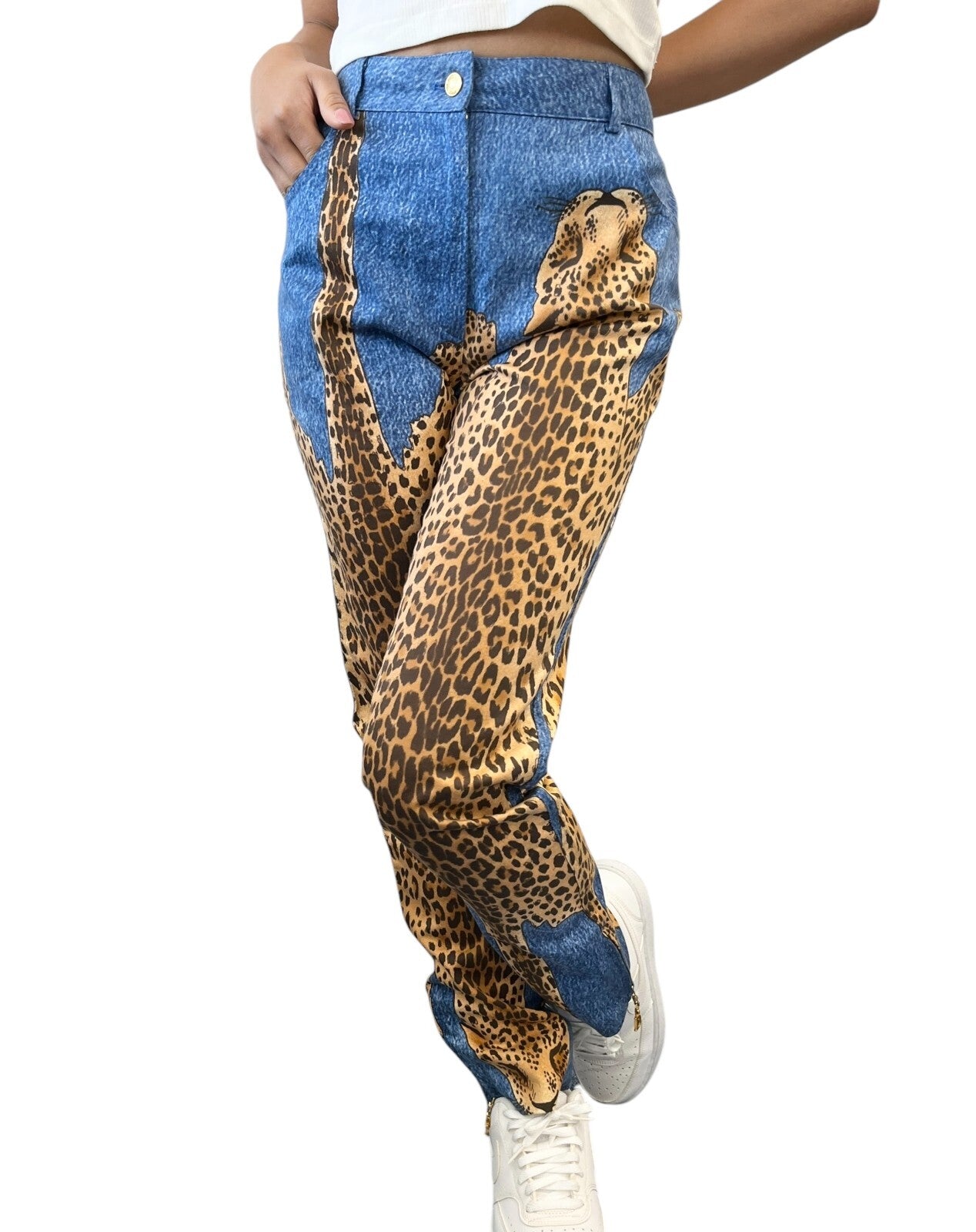 Christian Dior Vintage 2000 AW Runway Cheetah Denim Pants #40 Blue Gold Cotton