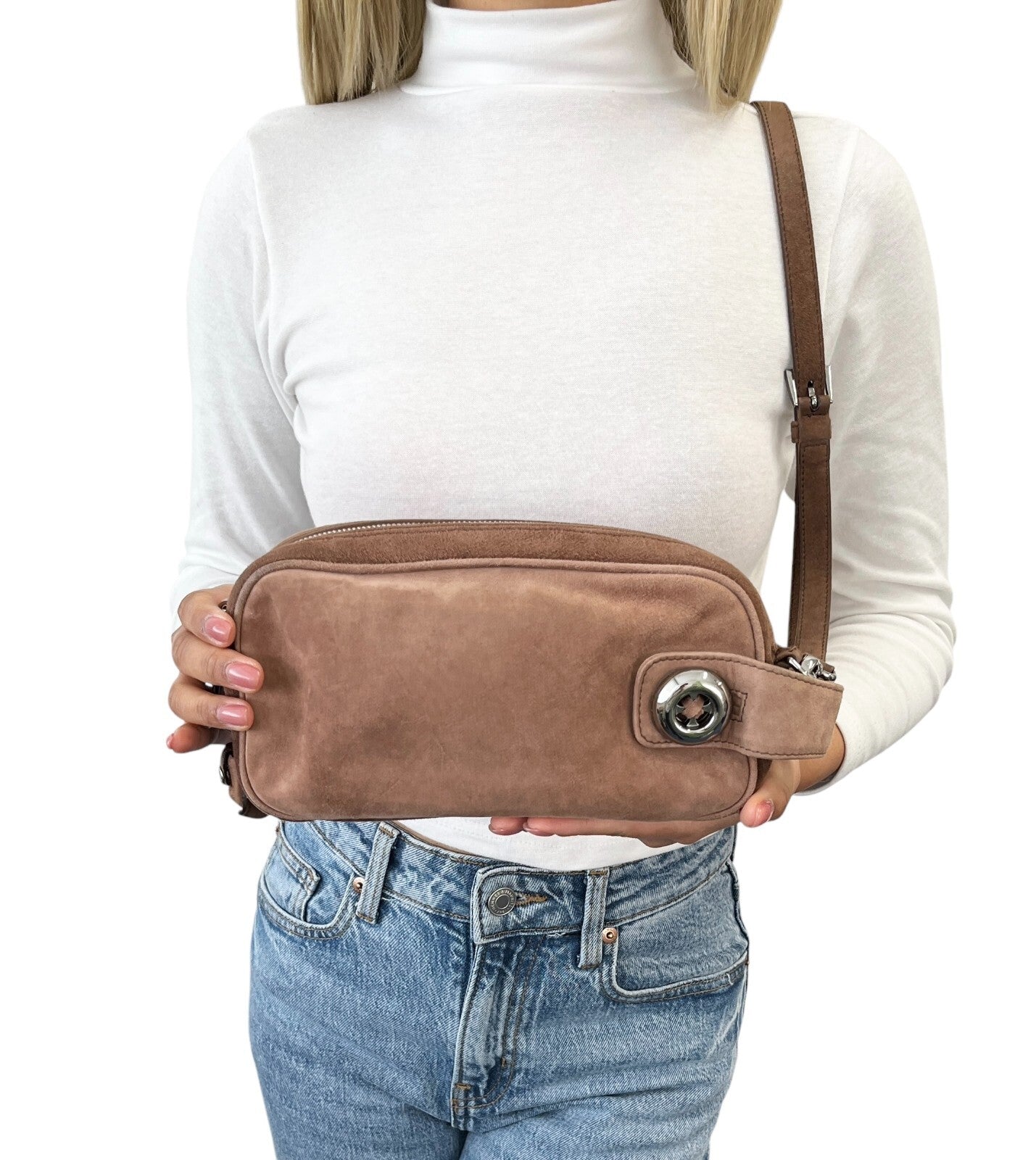 PRADA Vintage Logo 2way Crossbody Bag Clutch Pochette Mocha Brown Suede Zip