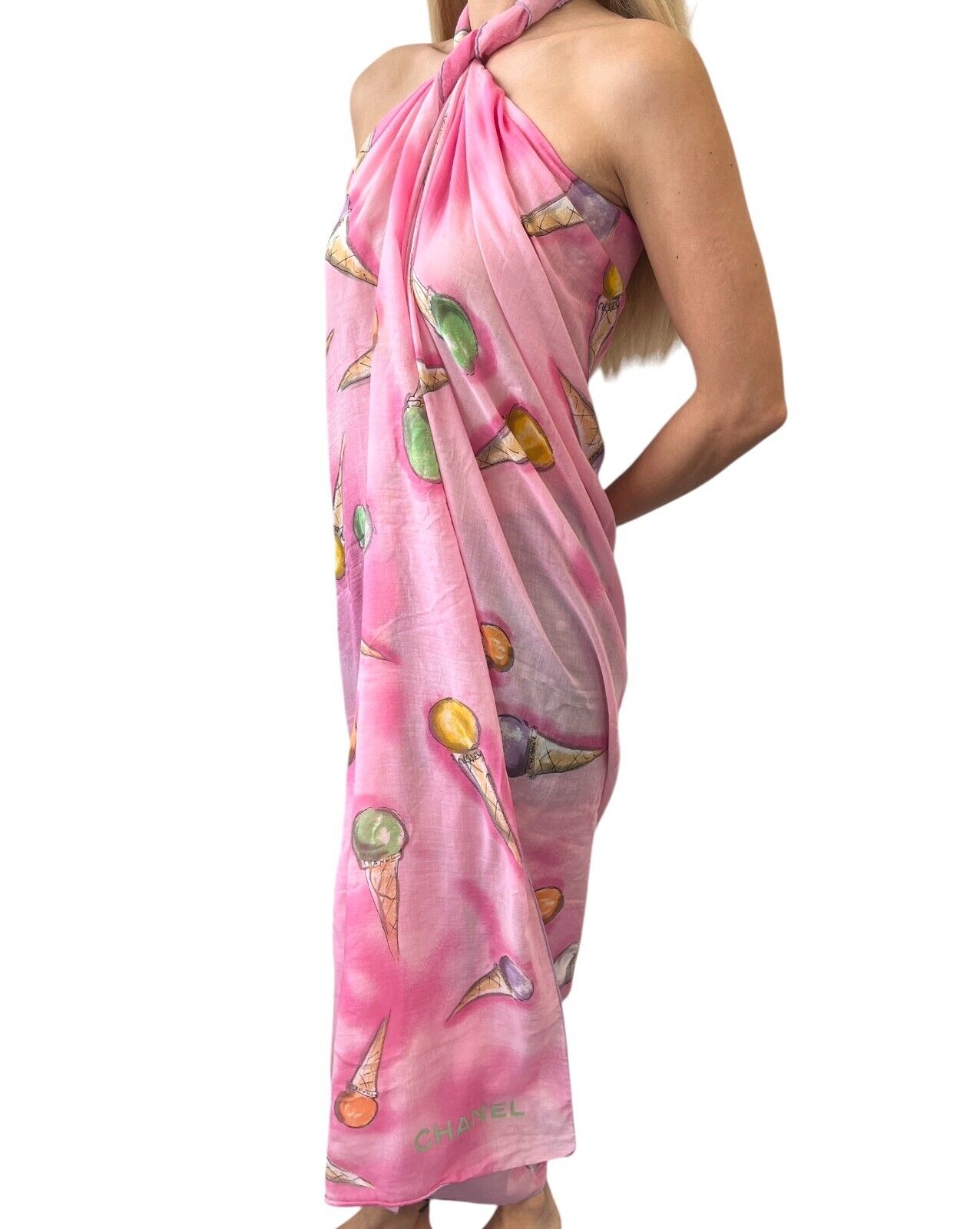 CHANEL Vintage Logo Ice Cream Print Wrap Pareo Big Scarf Dress Cotton Pink
