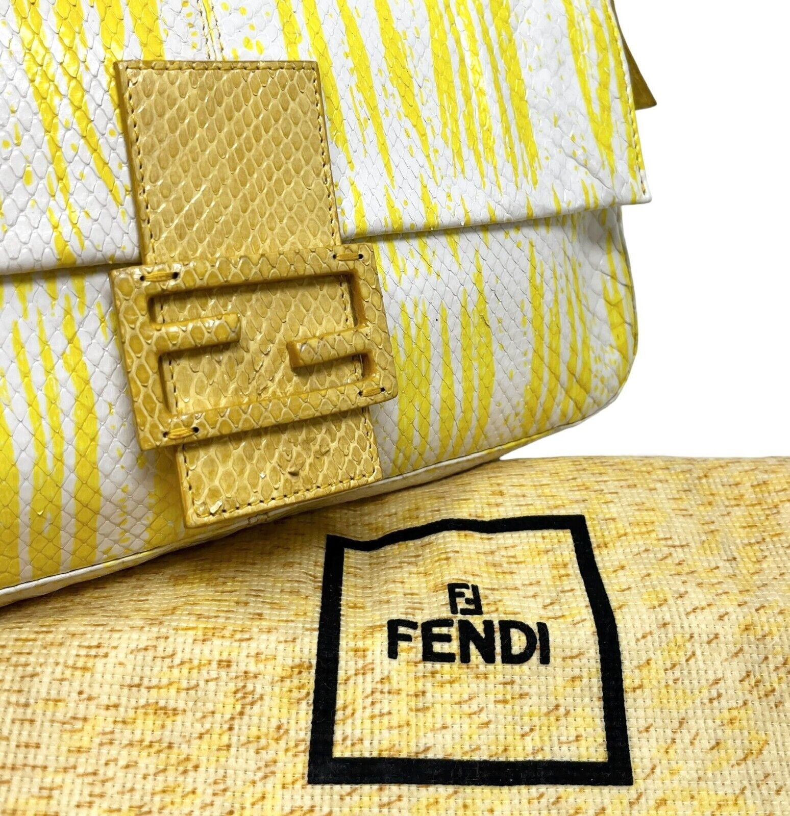 FENDI Vintage FF Logo Mamma Baguette Shoulder Bag Yellow White Leather Rank AB