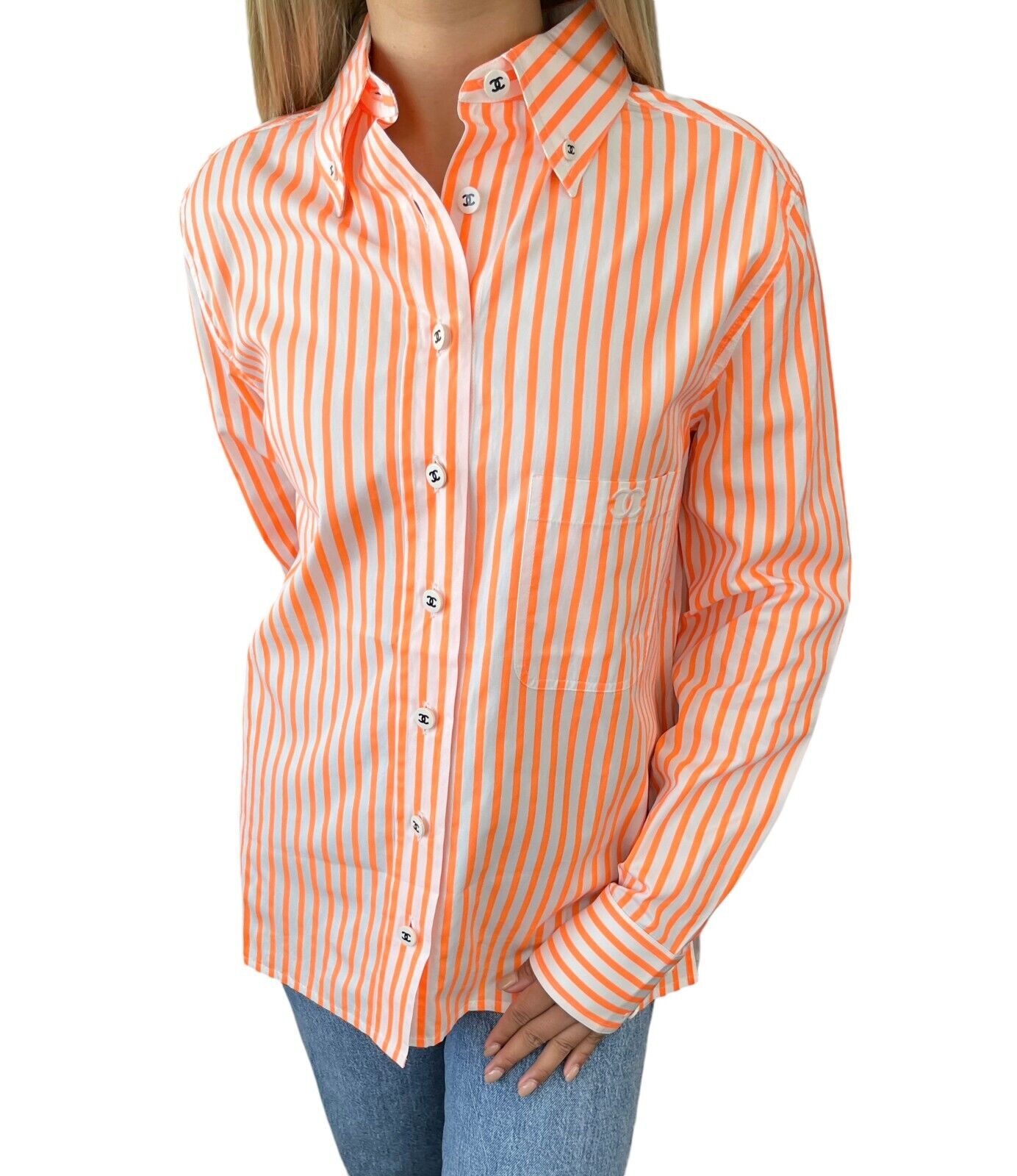 CHANEL Vintage P04044 CC Mark Logo Stripe Shirt Top #40 Orange Cotton Rank AB