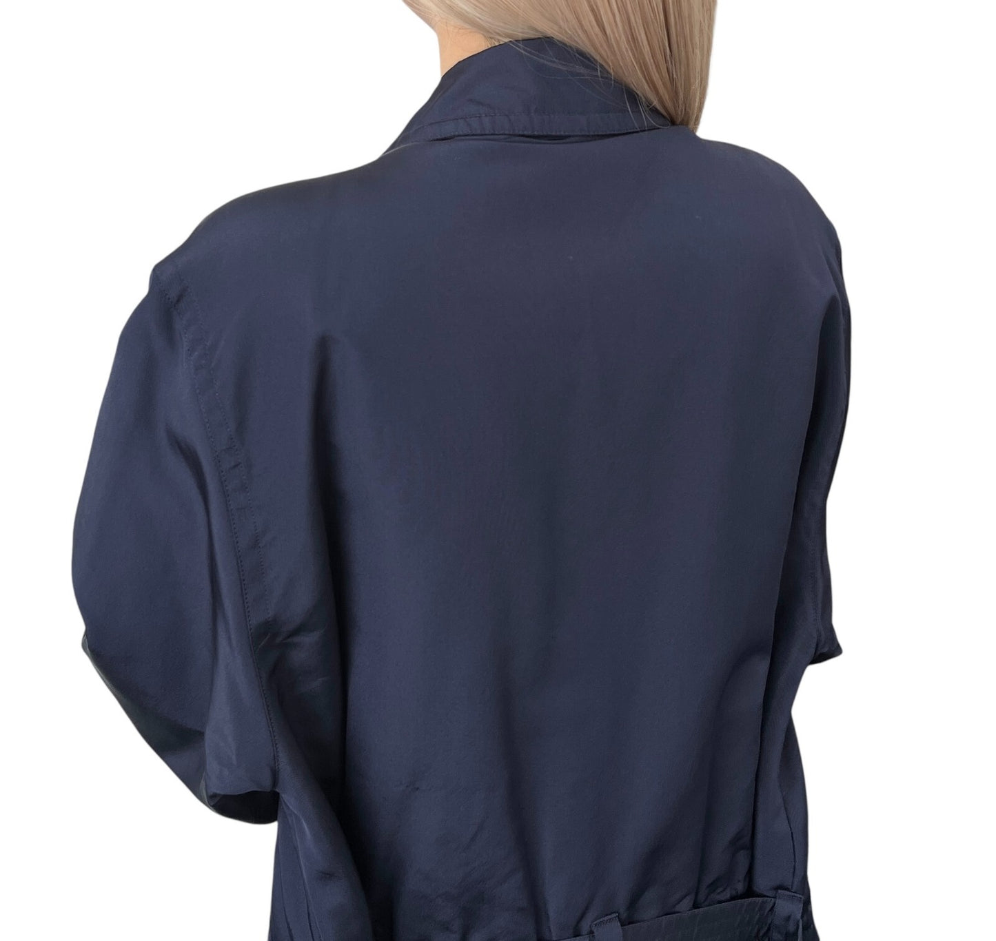 CHANEL Vintage PO5667 CC Logo Long Coat Jacket #38 Zip Pocket Belt Dark Blue