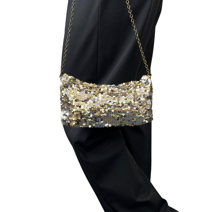 PRADA Vintage Triangle Logo Sequins Shoulder Bag Pochette Handbag Gold 902280
