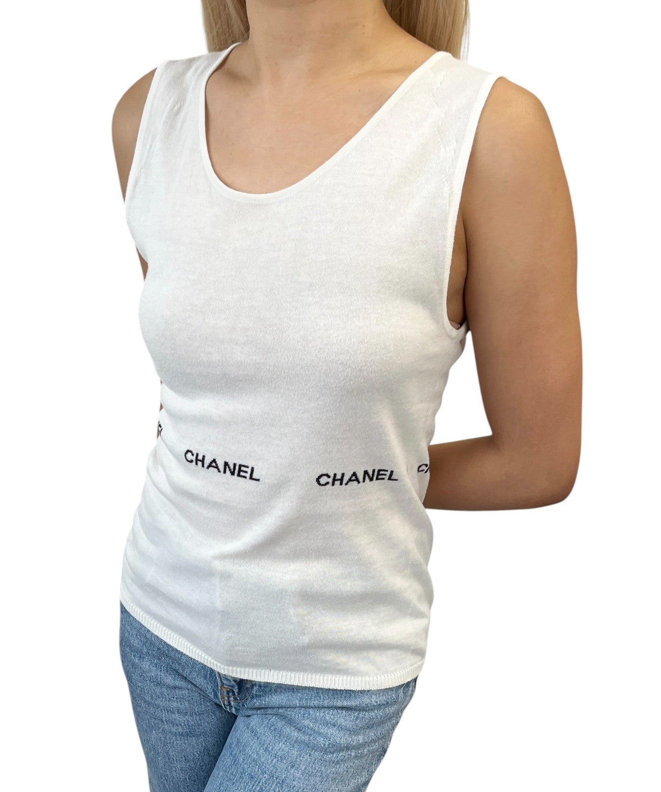 CHANEL Vintage 04P Logo Letter Knit Tank Top #38 White Black Cotton 902554