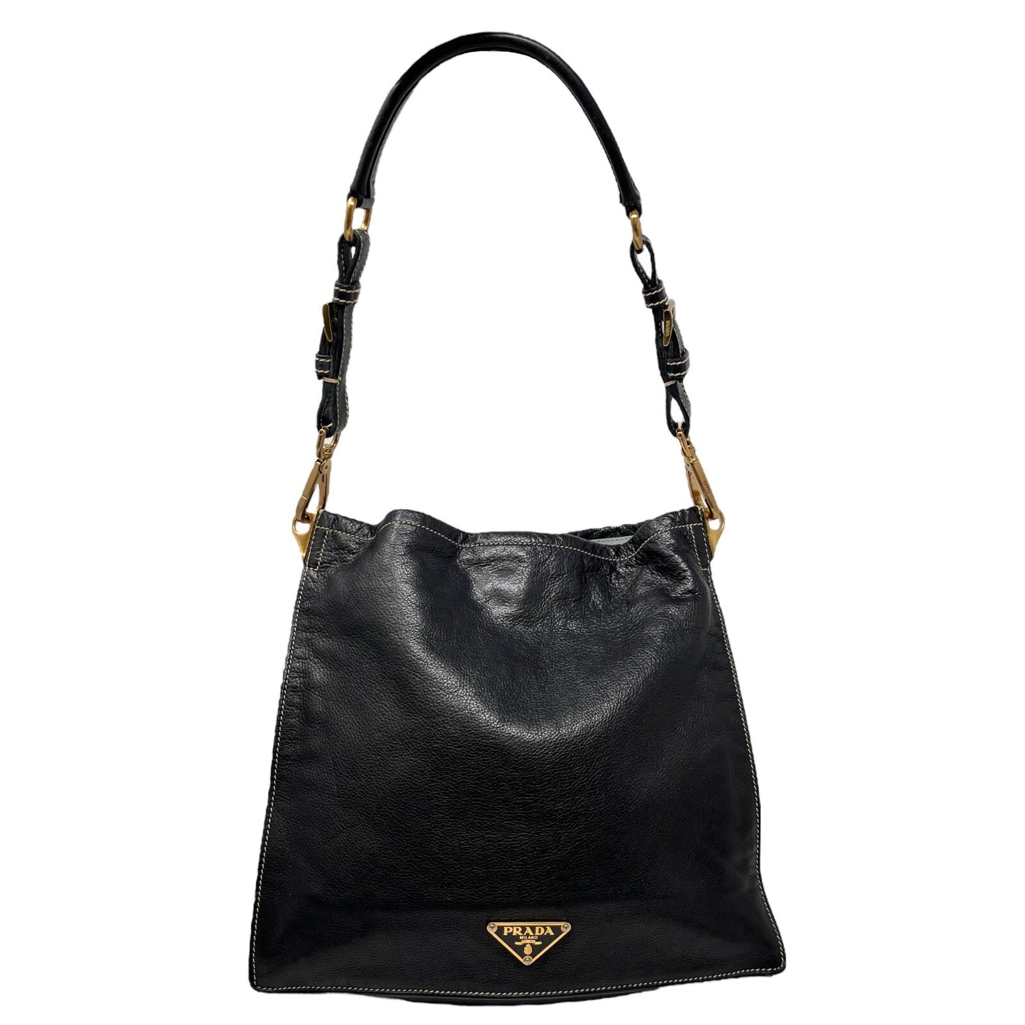 PRADA Vintage Logo Shoulder Bag Square Stitch Magnetic Black Gold Leather
