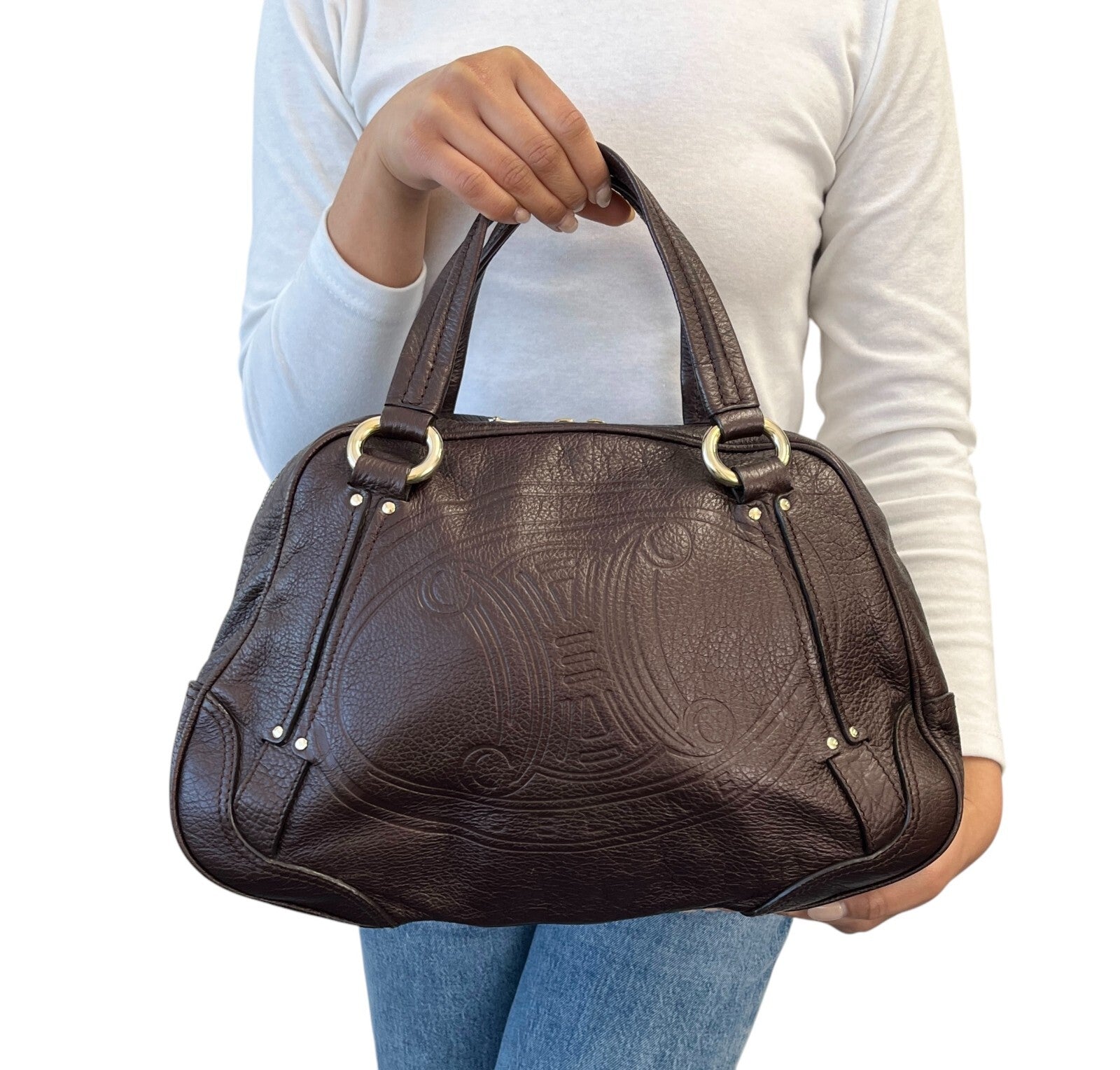 CELINE Vintage Macadam Big Logo Tote Bag Brown Gold Leather Nylon Zip