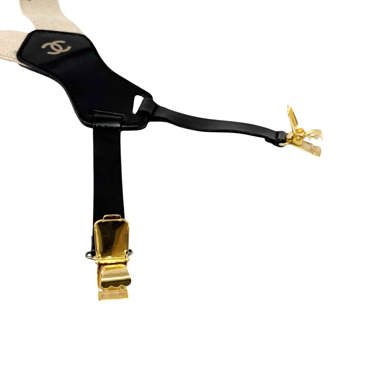 CHANEL Vintage 1994 CC Logo Letter Suspender Belt Beige Black Cotton Leather