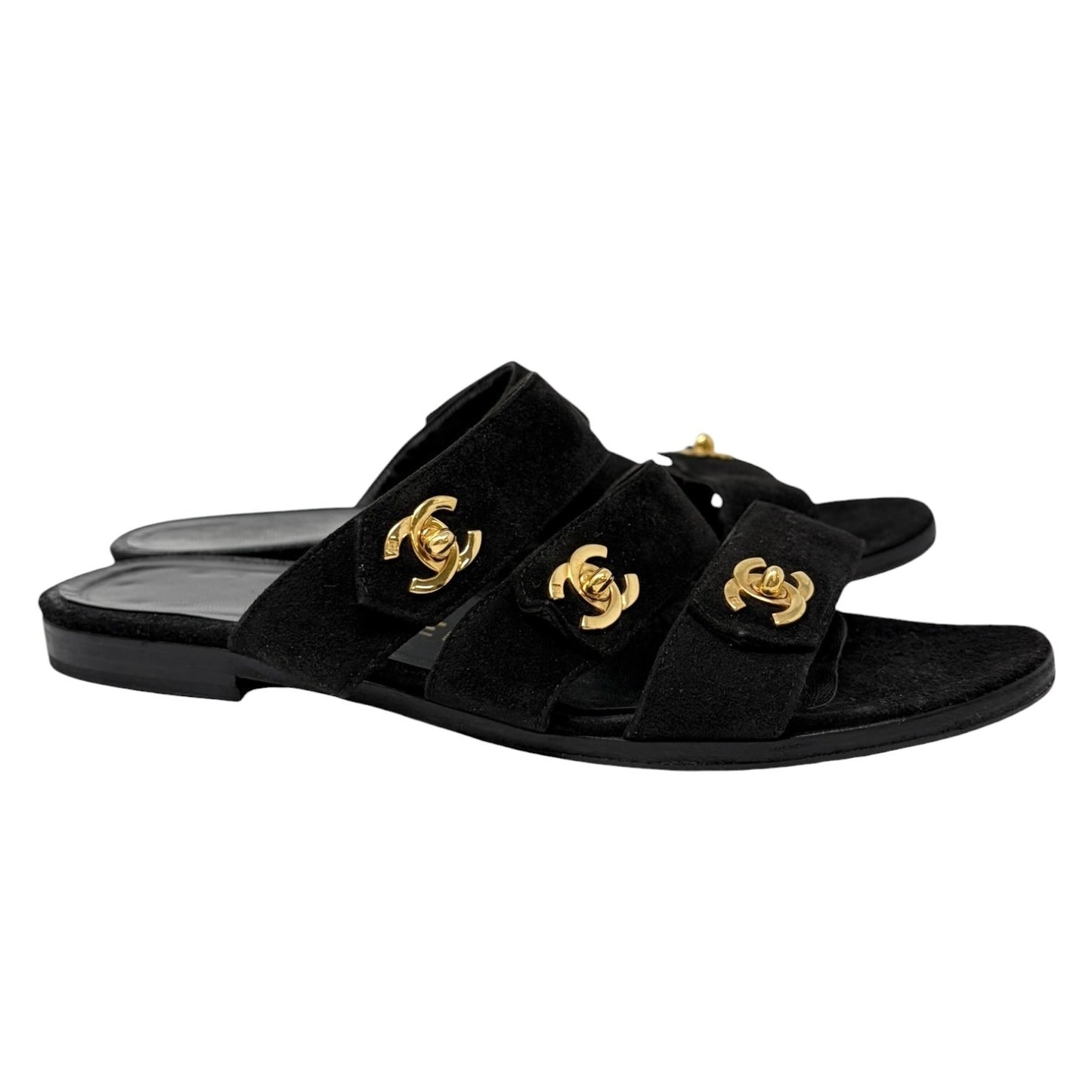 CHANEL Vintage CC Turnlock Flat Slide Sandals #37 Black Gold  Suede 902296