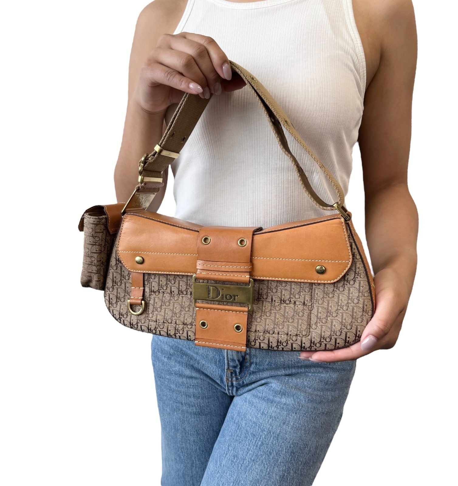 Christian Dior Vintage Trotter Monogram Street Chic Columbus Shoulder Bag Beige