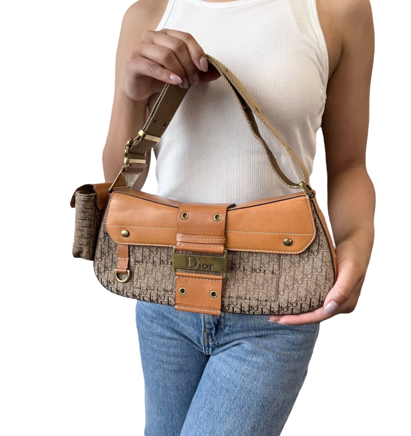 Christian Dior Vintage Trotter Monogram Street Chic Columbus Shoulder Bag Beige
