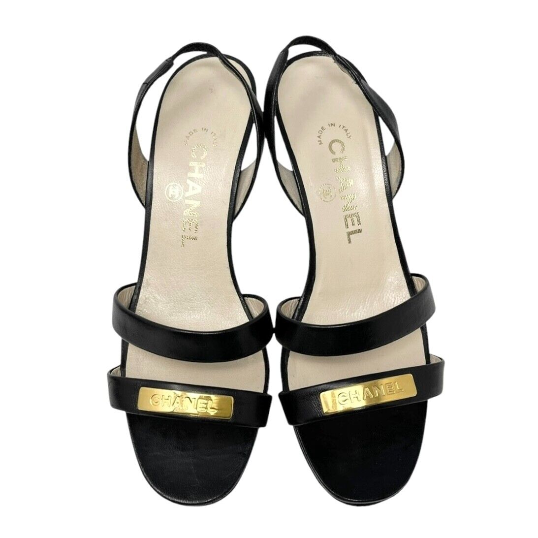CHANEL Vintage 98P CC Logo Heels Mules Sandals #36.5-37 Black Gold Leather