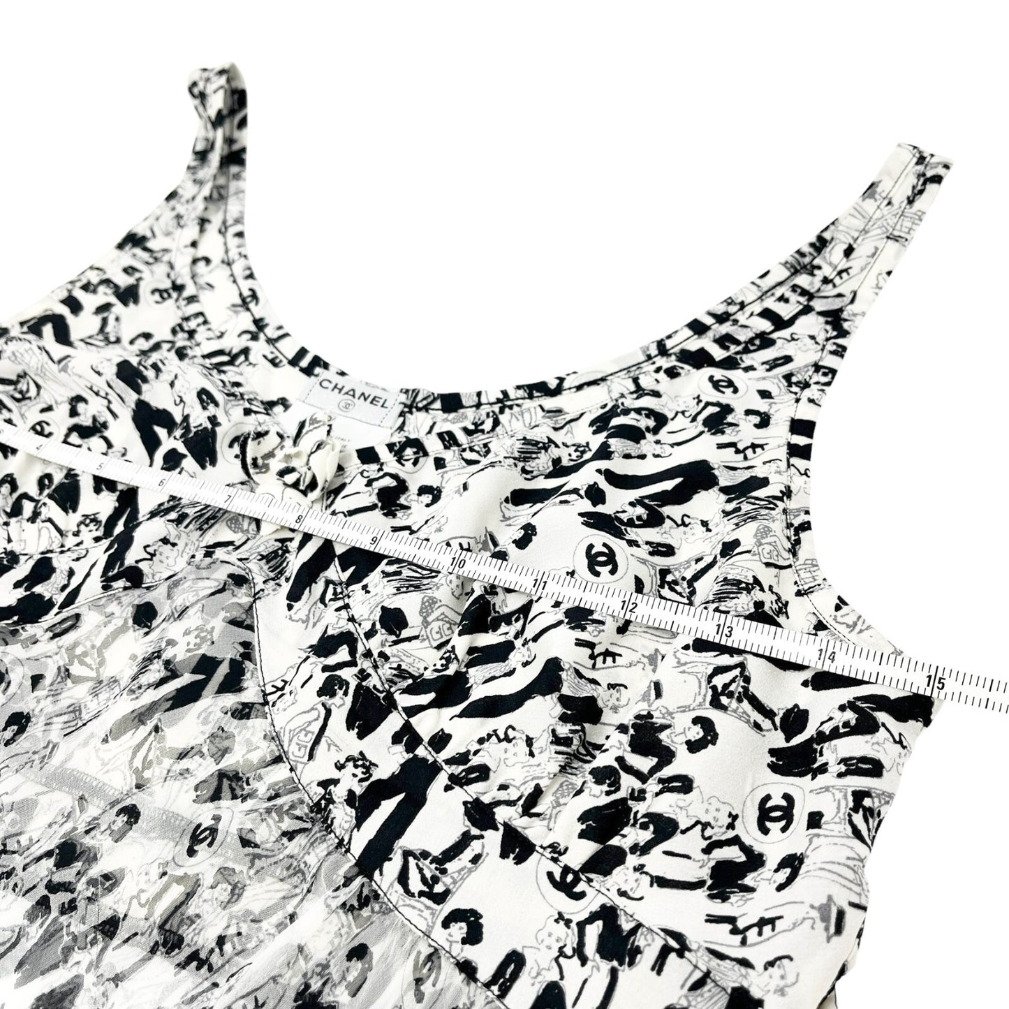 CHANEL Vintage 03P CC Logo Lace Tunic Top #38 Button Frill White Black Silk
