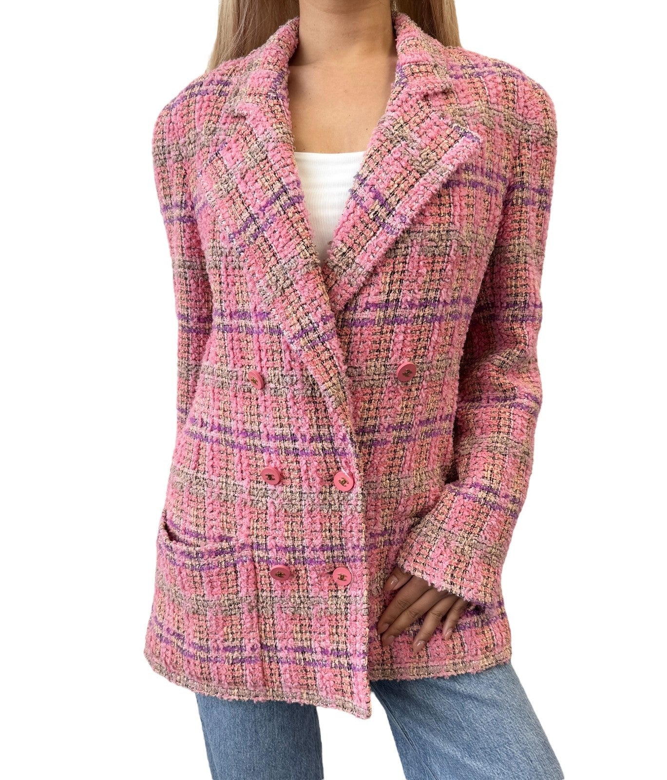 CHANEL Vintage 94A CC Logo Button Tweed Blazer Jacket Pink Multicolor Wool