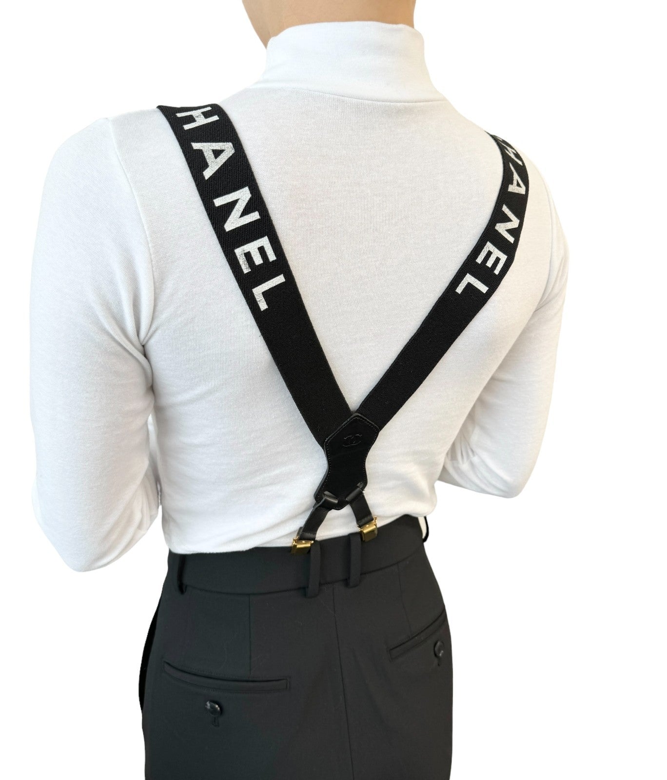 CHANEL Vintage 1994 CC Logo Letter Suspender Belt Black White Cotton Leather