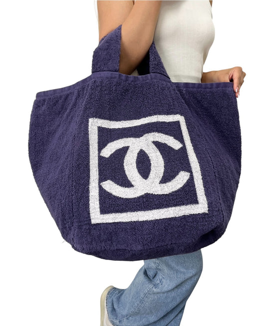 CHANEL Sport Vintage CC Big Logo Beach Terry Cloth Tote Bag Dark Blue 902369